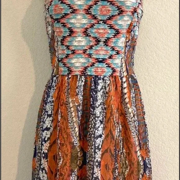 BAND OF GYPSIES | Orange and Blue Pleated Midi Sundress | Size S - Picture 1 of 4